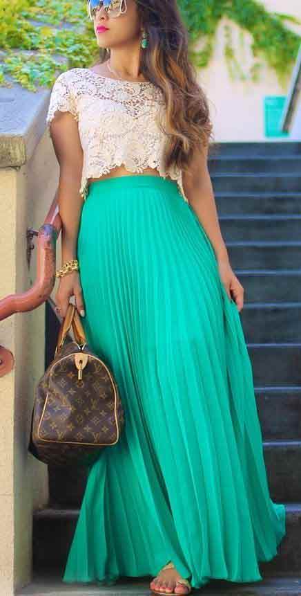 Pakistani green long skirt with cropped top for girls