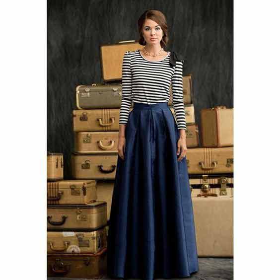 Pakistani blue long skirt with striped shirt for girls