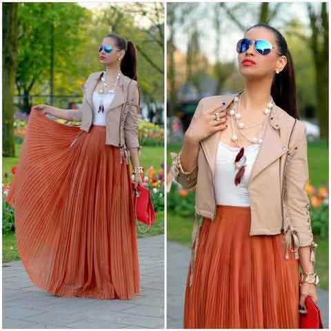 Pakistani pleated style orange long skirts for girls