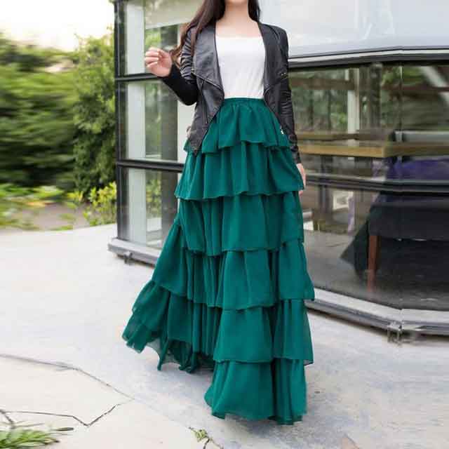 Pakistani green ruffle long skirts for girls