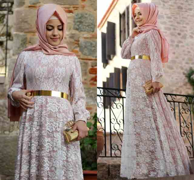 White and baby pink net lace frock style formal party wear abaya with hijab styles