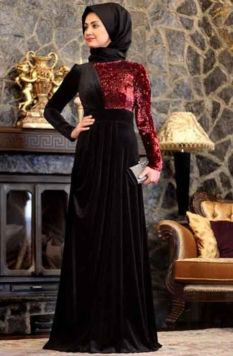 Black and maroon frock style velvet formal party wear abaya with hijab styles