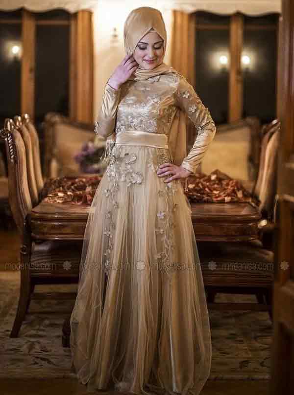 Golden net formal party wear abaya with hijab styles for girls