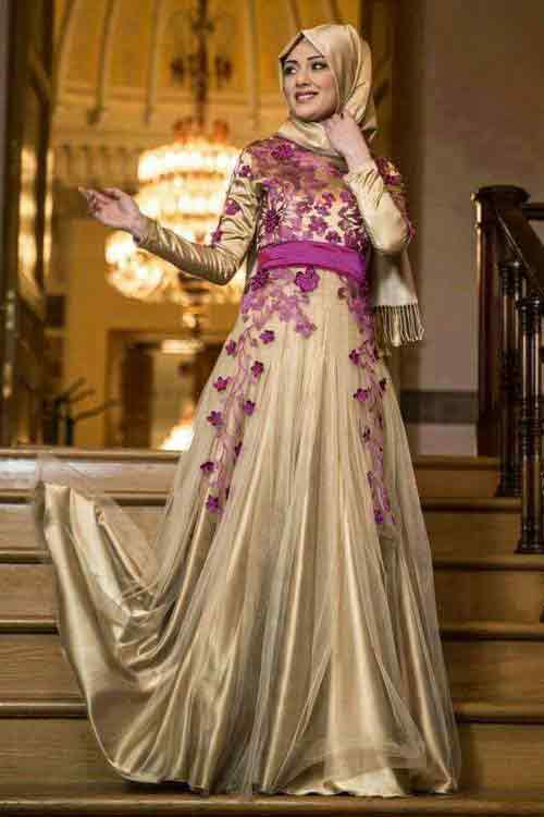 Golden and pink formal party wear abaya with hijab styles for girls
