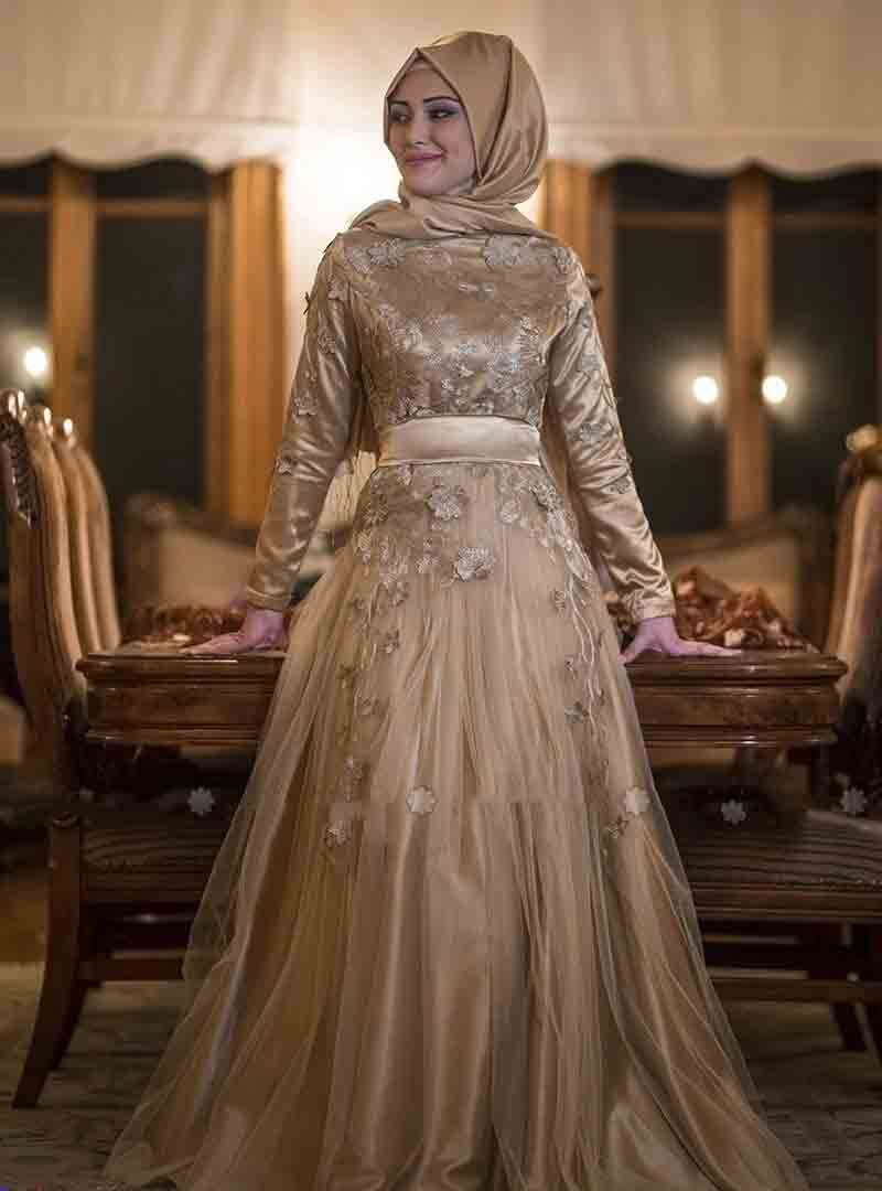 Golden net formal party wear abaya with hijab styles for girls