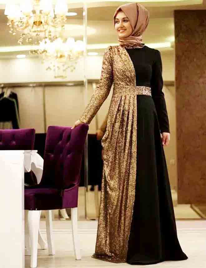 Black and shimmery golden frock style formal party wear abaya with hijab styles