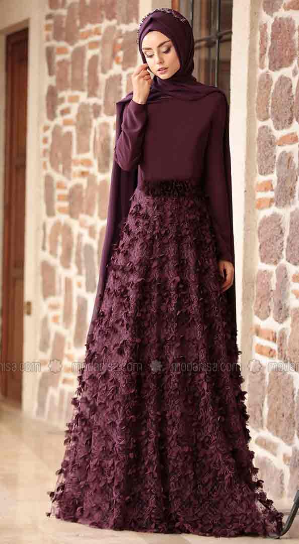 Purple lace formal party wear abaya with hijab styles for girls