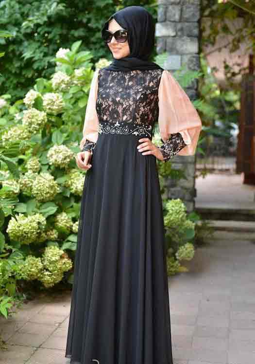 Black net lace formal party wear abaya with hijab styles for girls