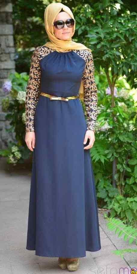 Blue net lace formal party wear abaya with hijab styles for girls