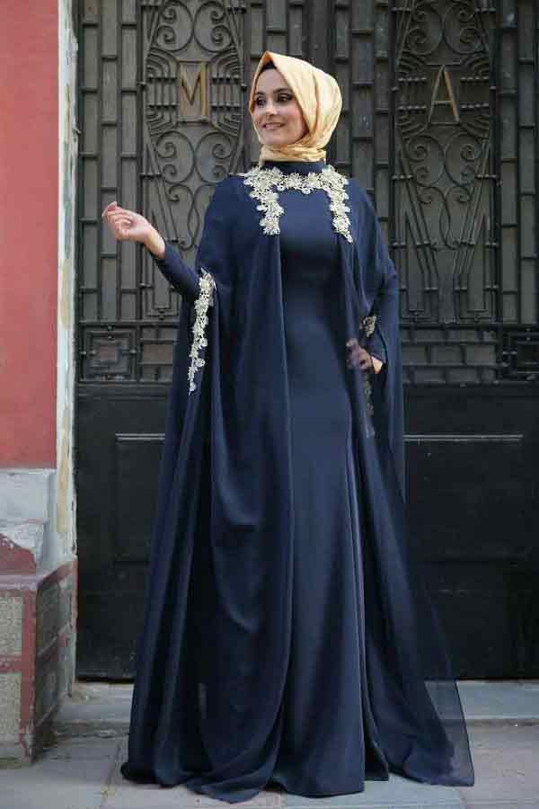 Embroidered blue cape style formal party wear abaya with hijab styles