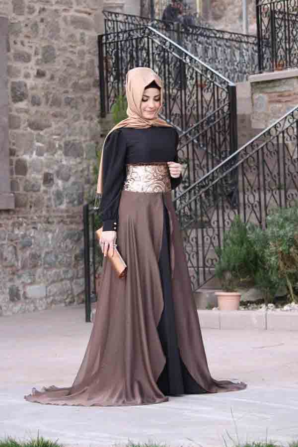 Brown and black frock style formal party wear abaya with hijab styles