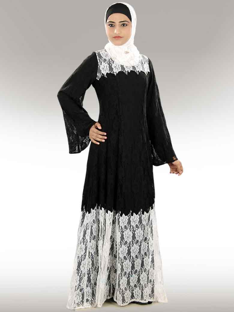 Black and white net lace formal party wear abaya with hijab styles