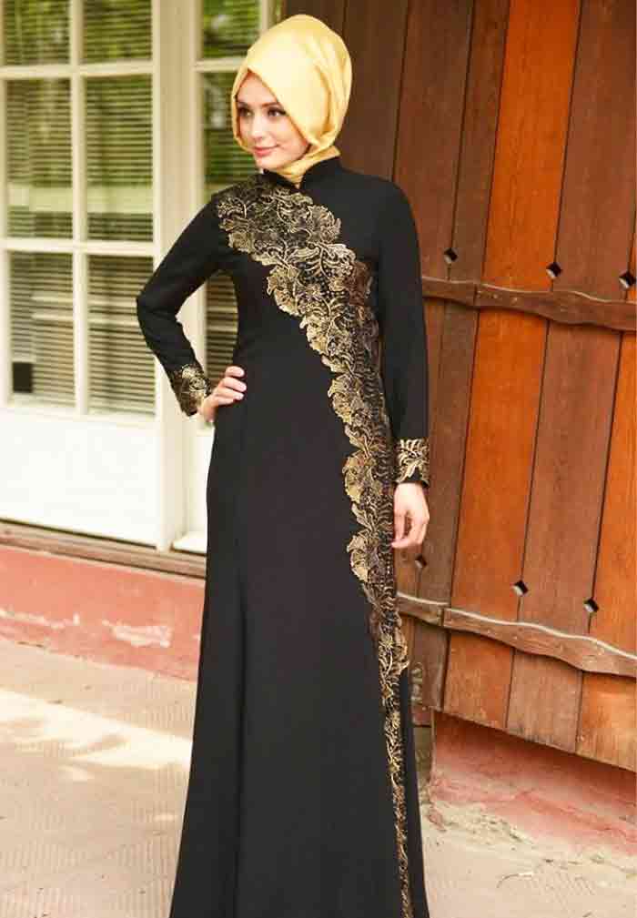 Golden and black formal party wear abaya with hijab styles for girls