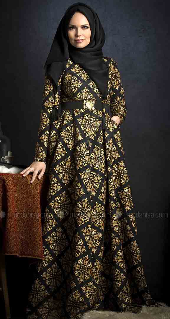 Golden and black frock style formal party wear abaya with hijab styles