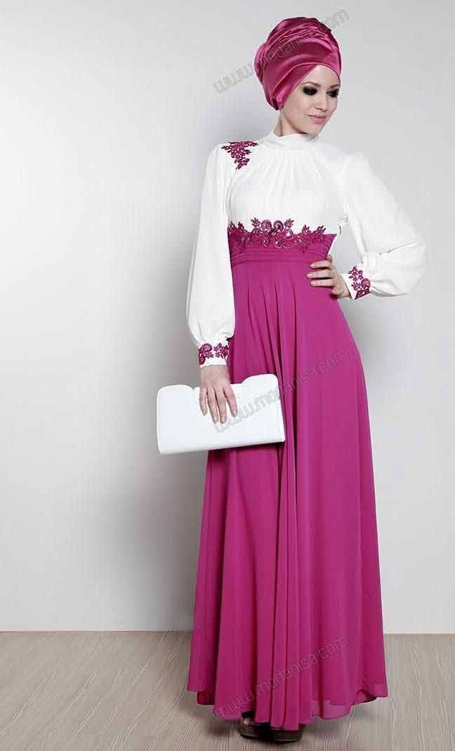 White and purple frock style formal party wear abaya with hijab styles