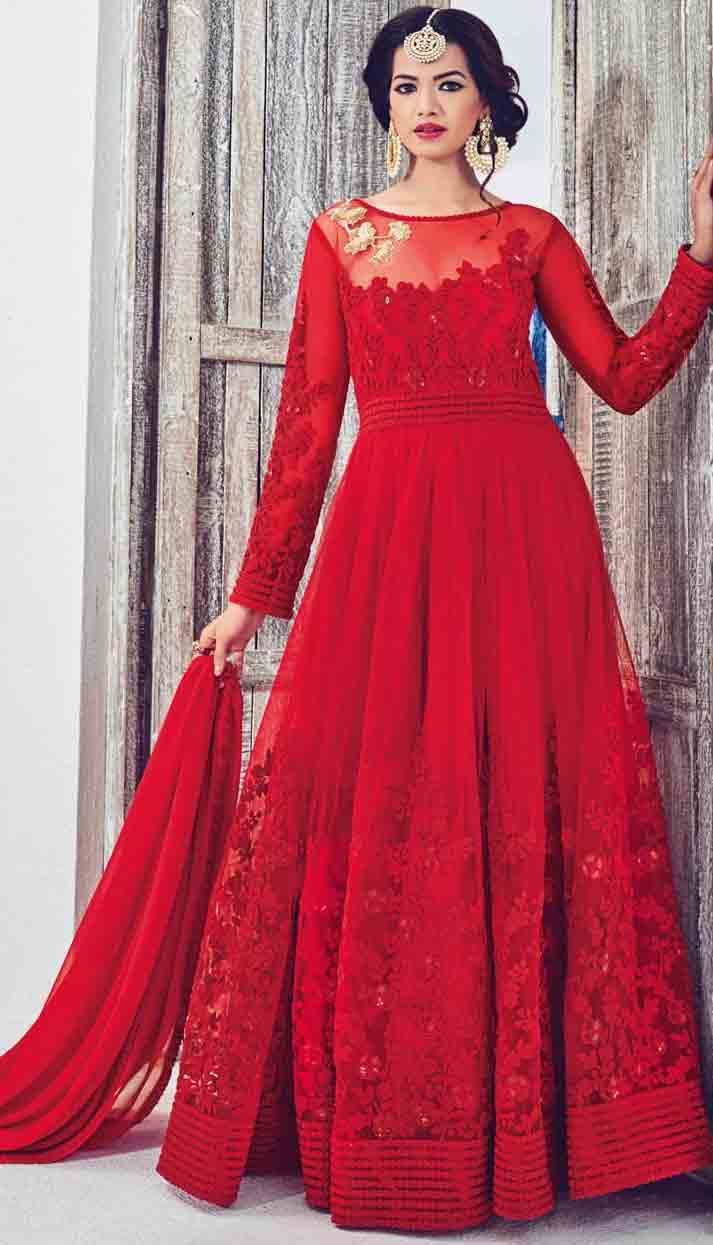 Red party wear long frock designs for Pakistani girls