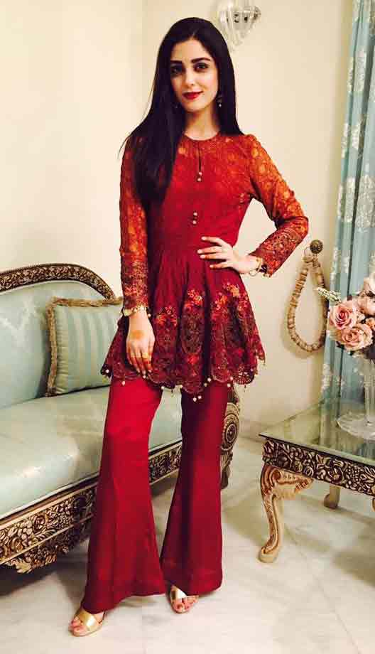 Red party wear short frock designs for Pakistani girls