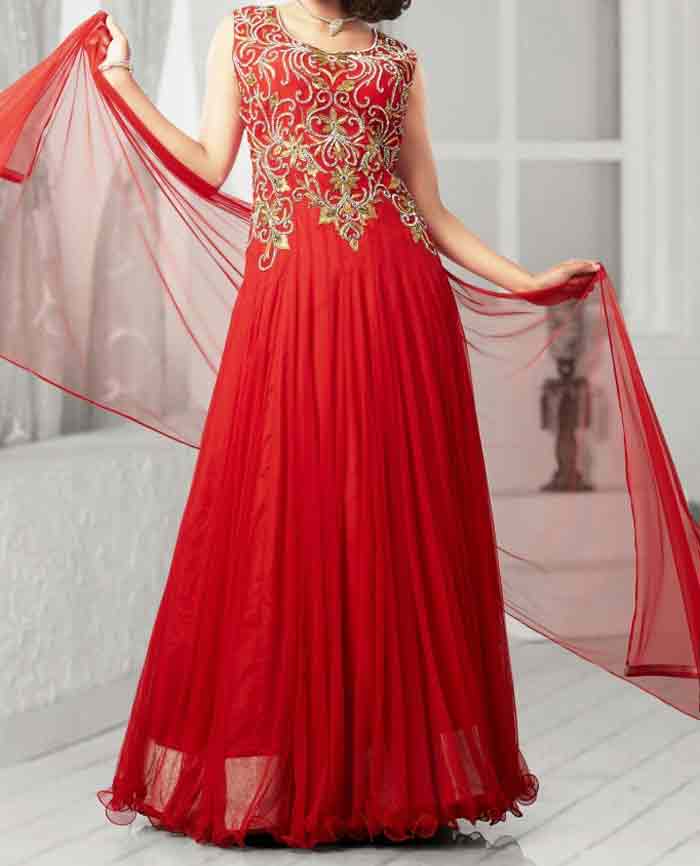 Red party wear long frock designs for girls in Pakistan