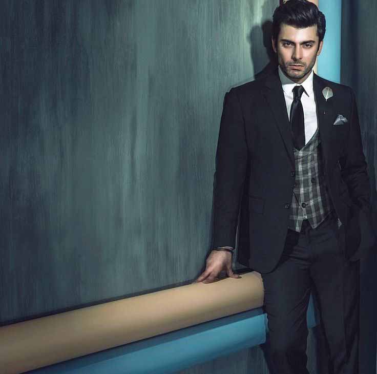 Fawad khan in white shirt and black tie combinations with black suits in Pakistan