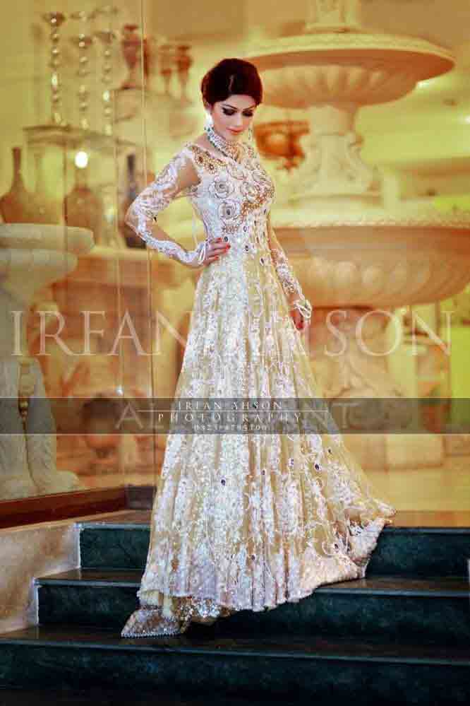 White party wear long frock designs for girls in Pakistan