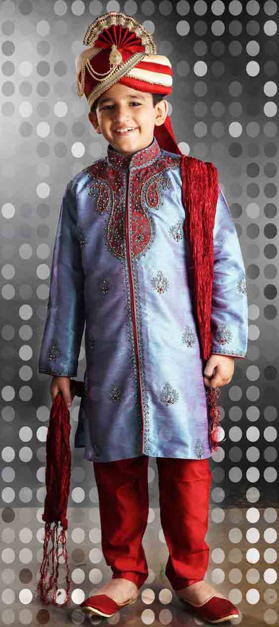 Blue sherwani with red pajama and pagri for kids