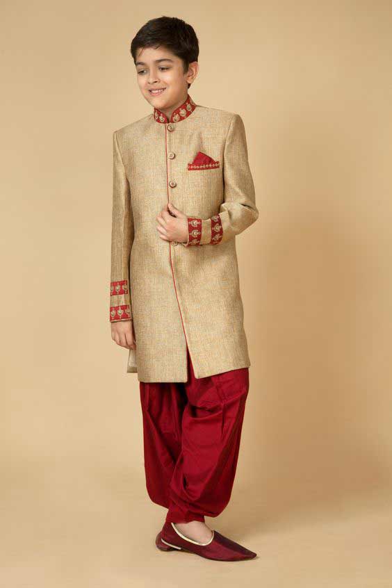 Latest skin sherwani with red shlawar for kids