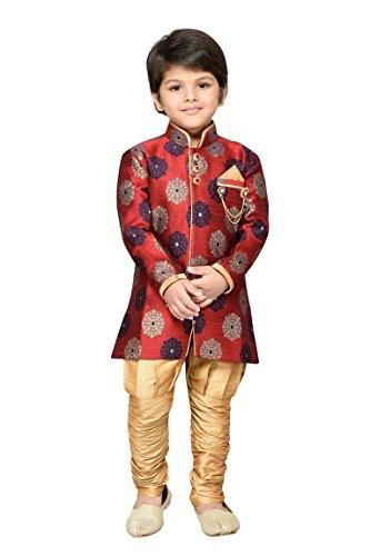 Kids maroon sherwani with golden churidar pajama for wedding