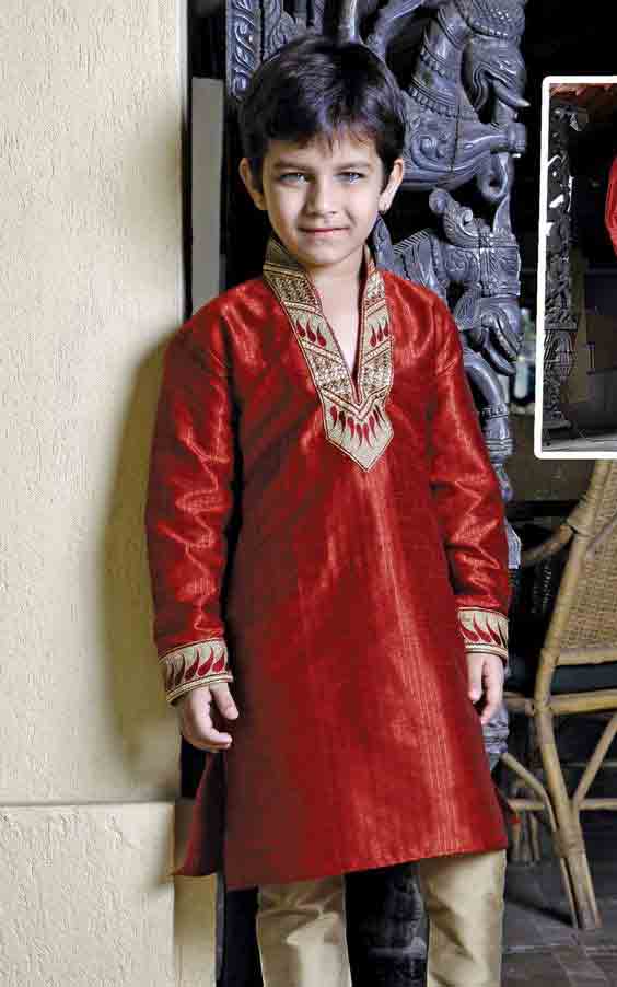 Red sherwani with golden pajama for kids