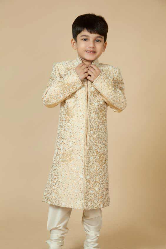 Kids off white long sherwani with pajama for wedding