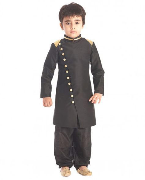 Black buttoned sherwani with matching salwar for kids