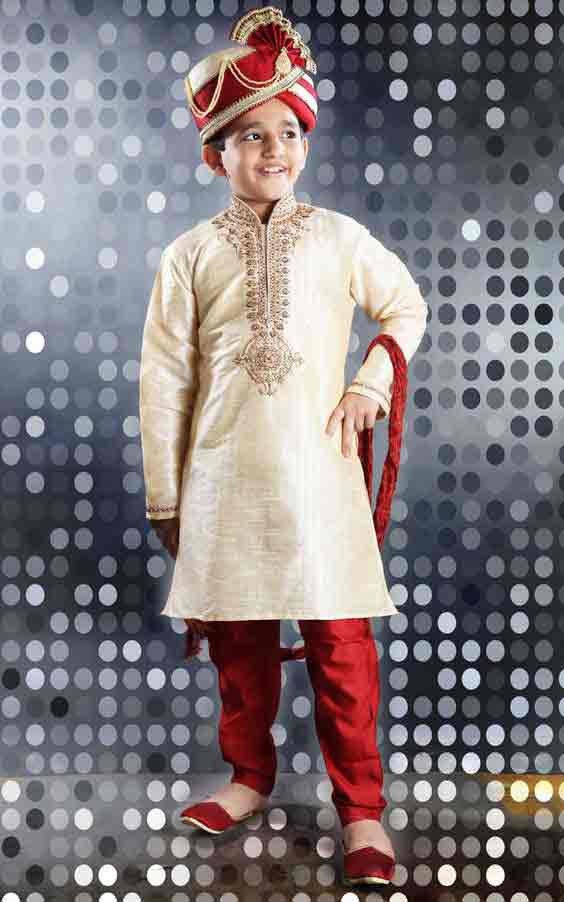 Best off white sherwani with red pajama and pagri for kids