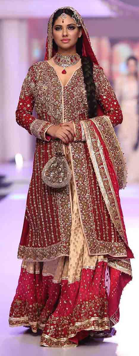 Front open gown style Pakistani bridal dress in red and golden color combinations 2018 with dupatta