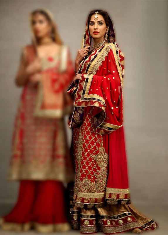 Elegant Pakistani bridal dress in red and golden color combinations 2018