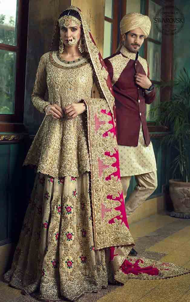 New design of short frock with lehenga style Pakistani bridal dress in red and golden color combinations 2018