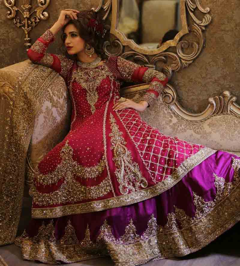 Stylish umbrella frock style Pakistani bridal dress in red and golden color combinations 2018