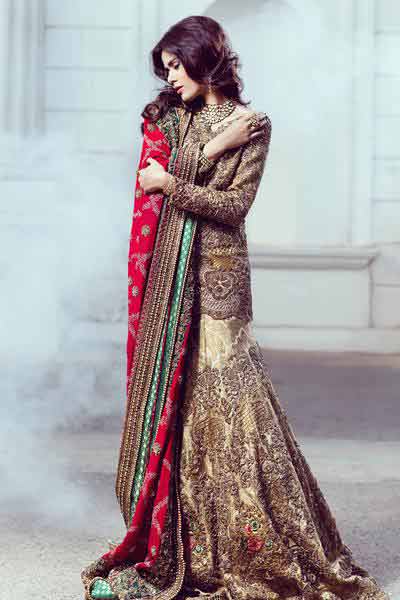 Latest short shirt with sharara style Pakistani bridal dress in red and golden color combinations 2018