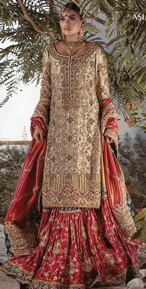 New long shirt with sharara style Pakistani bridal dress in red and golden color combinations 2018 with dupatta