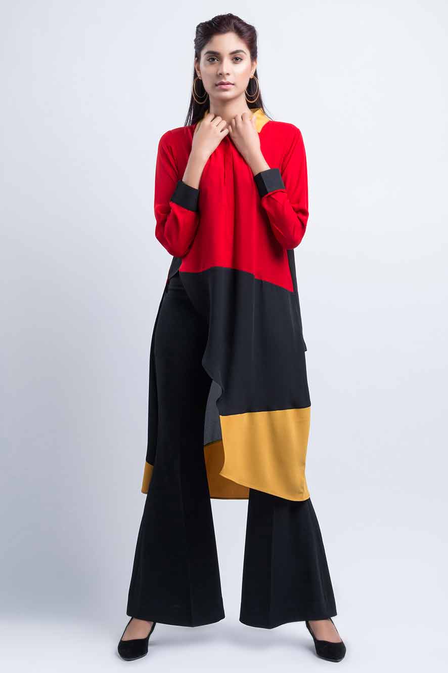 Red black and mustard color block shirt
