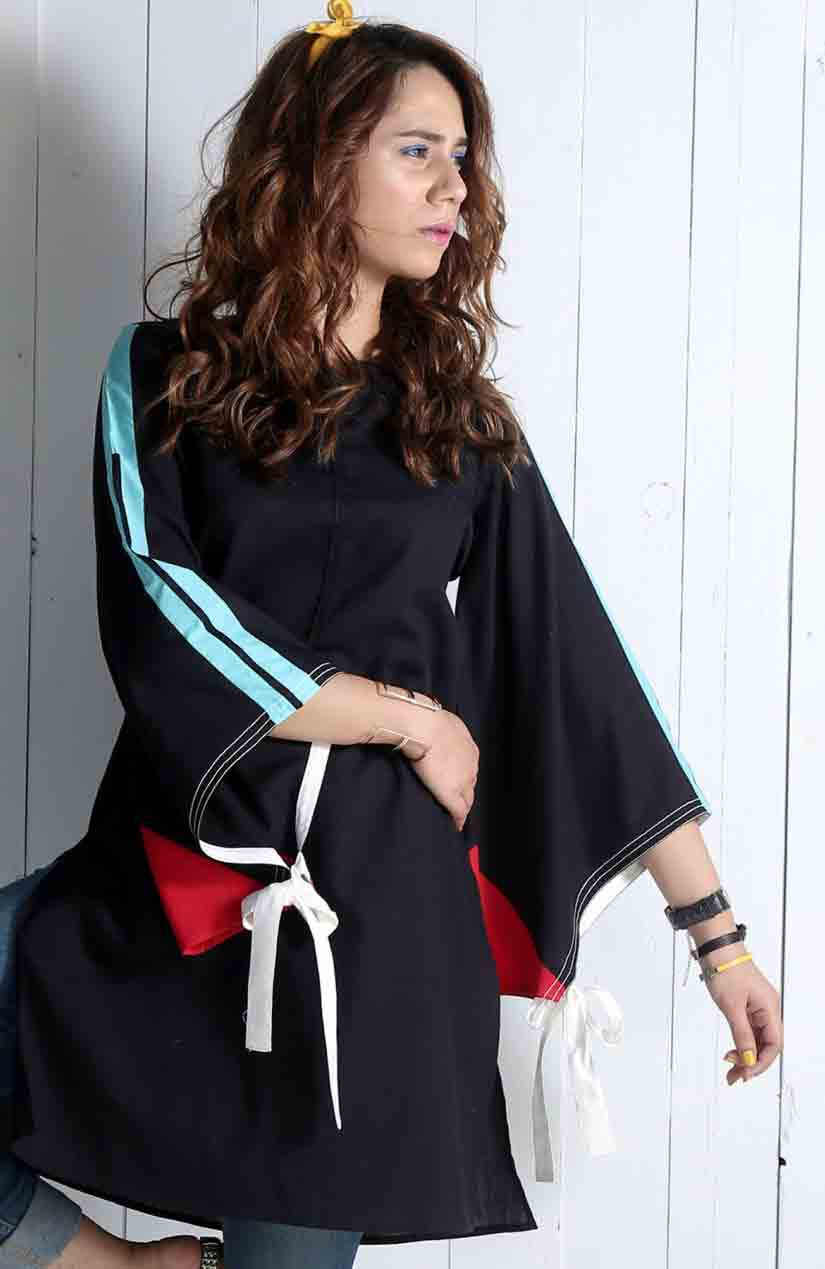 Black color blocking dress with knotted sleeves