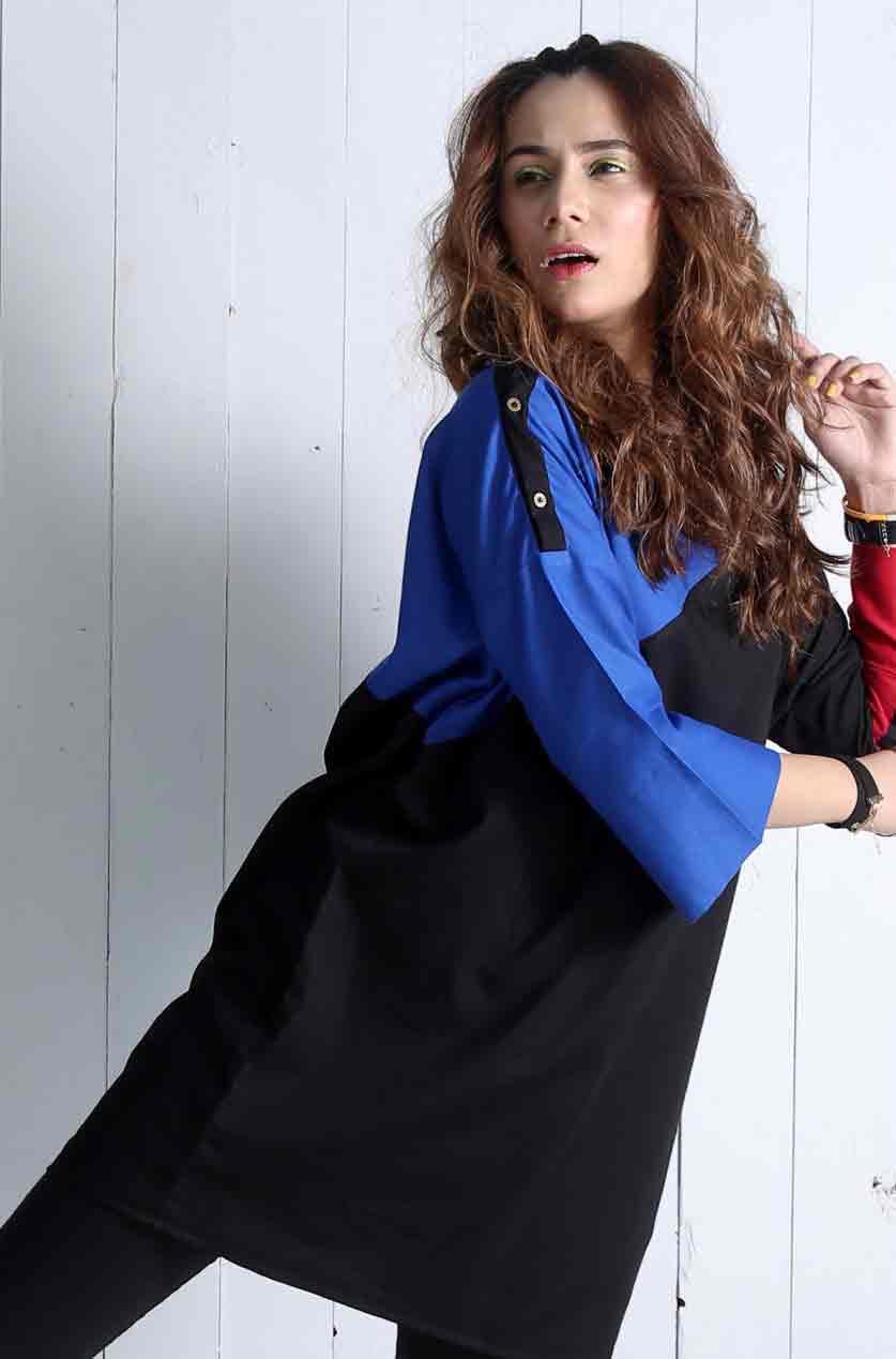 Blue and black color blocking dress