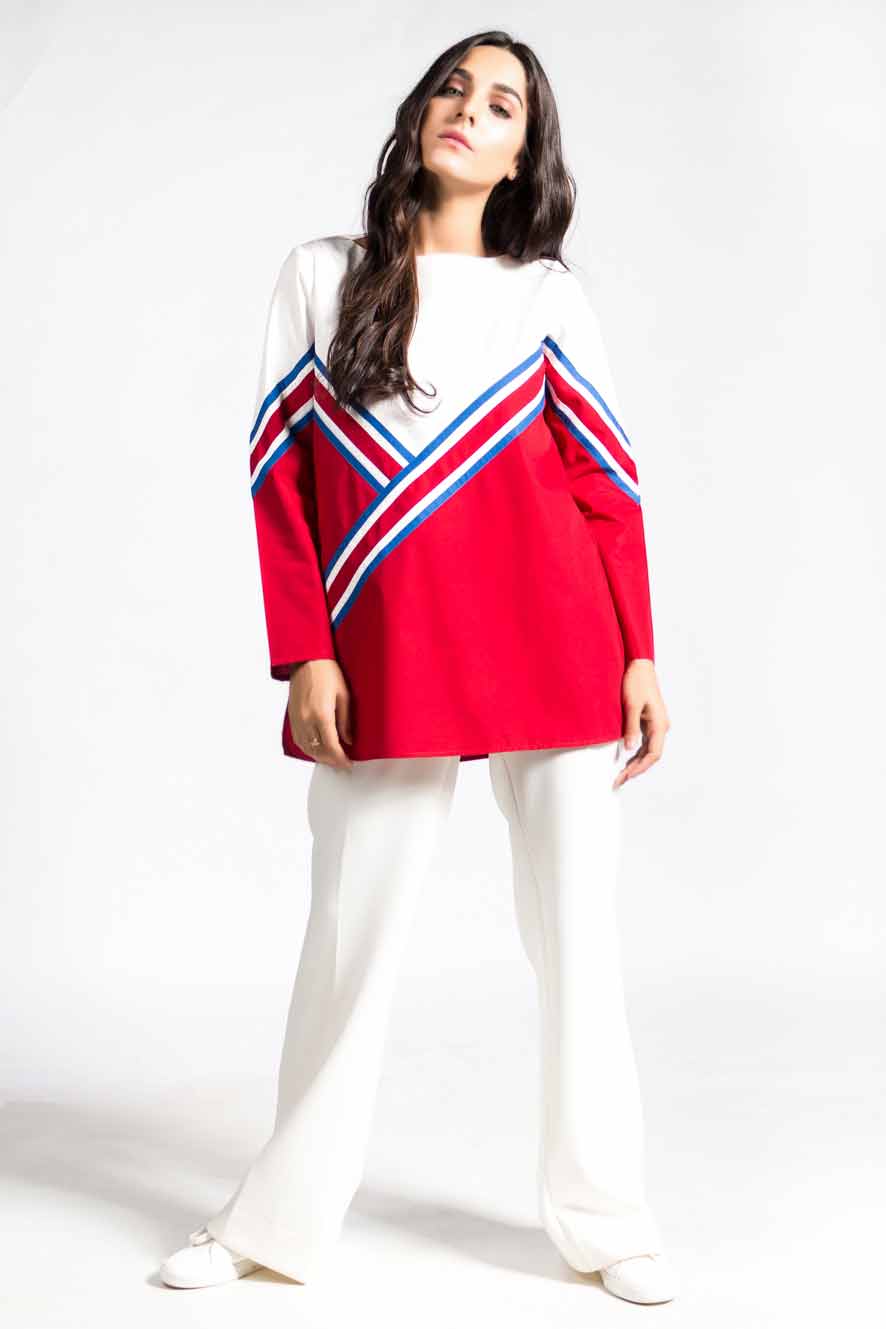 Color block panel shirt in red and white