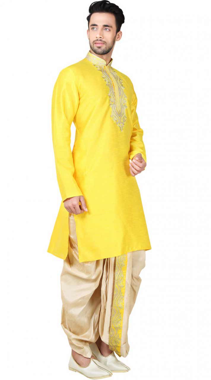 Latest yellow kurta with dhoti shalwar for groom