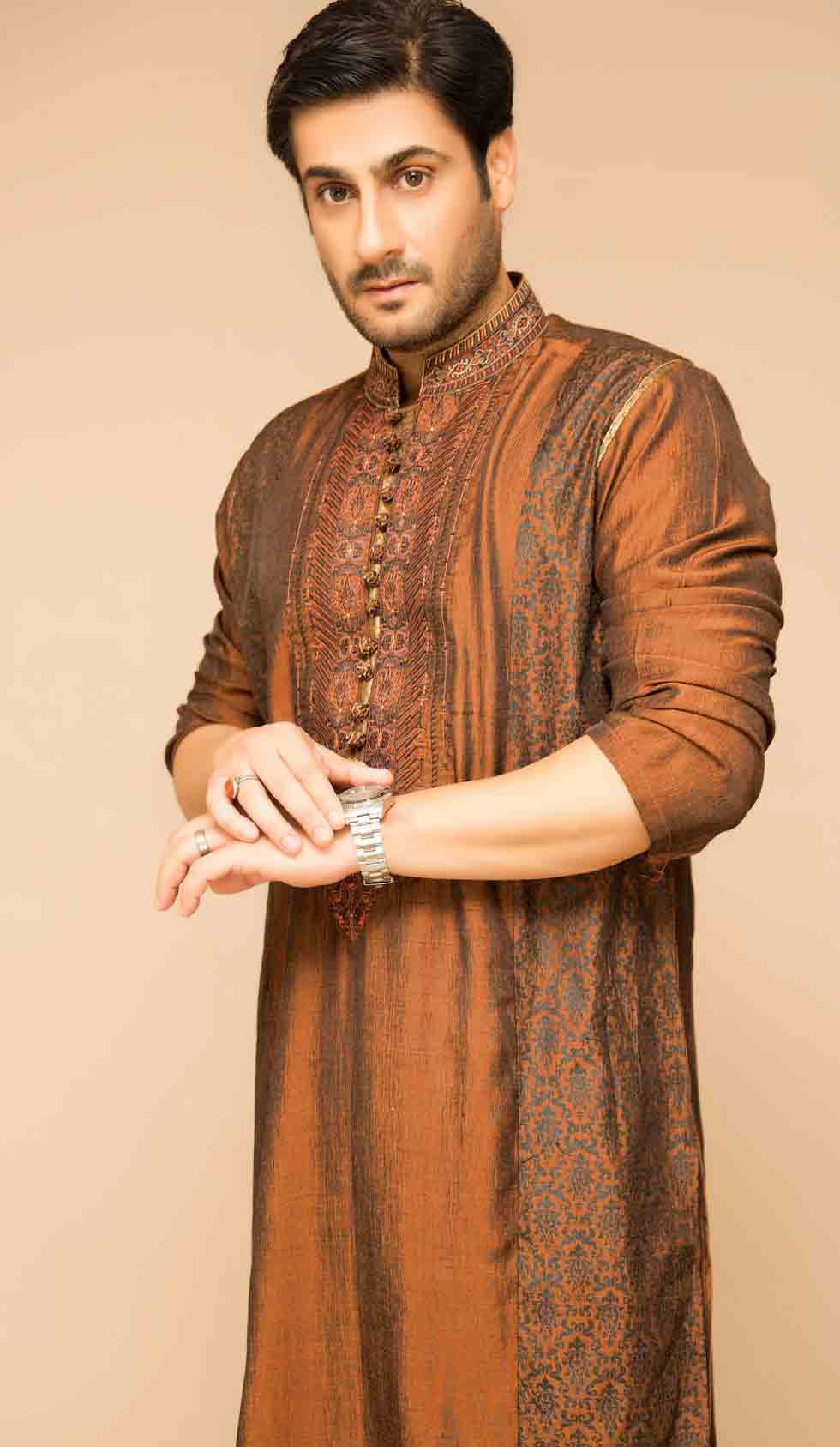 Latest brown mehndi kurta shalwar for grooms