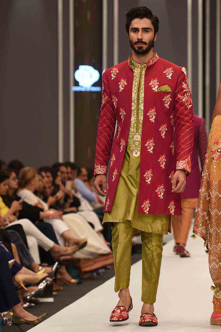 Latest mehndi green kurta with red long jacket for groom