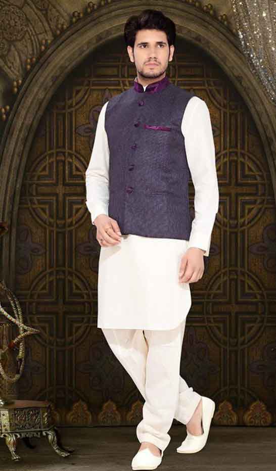 Latest white mehndi kurta designs with purple waistcoat for grooms