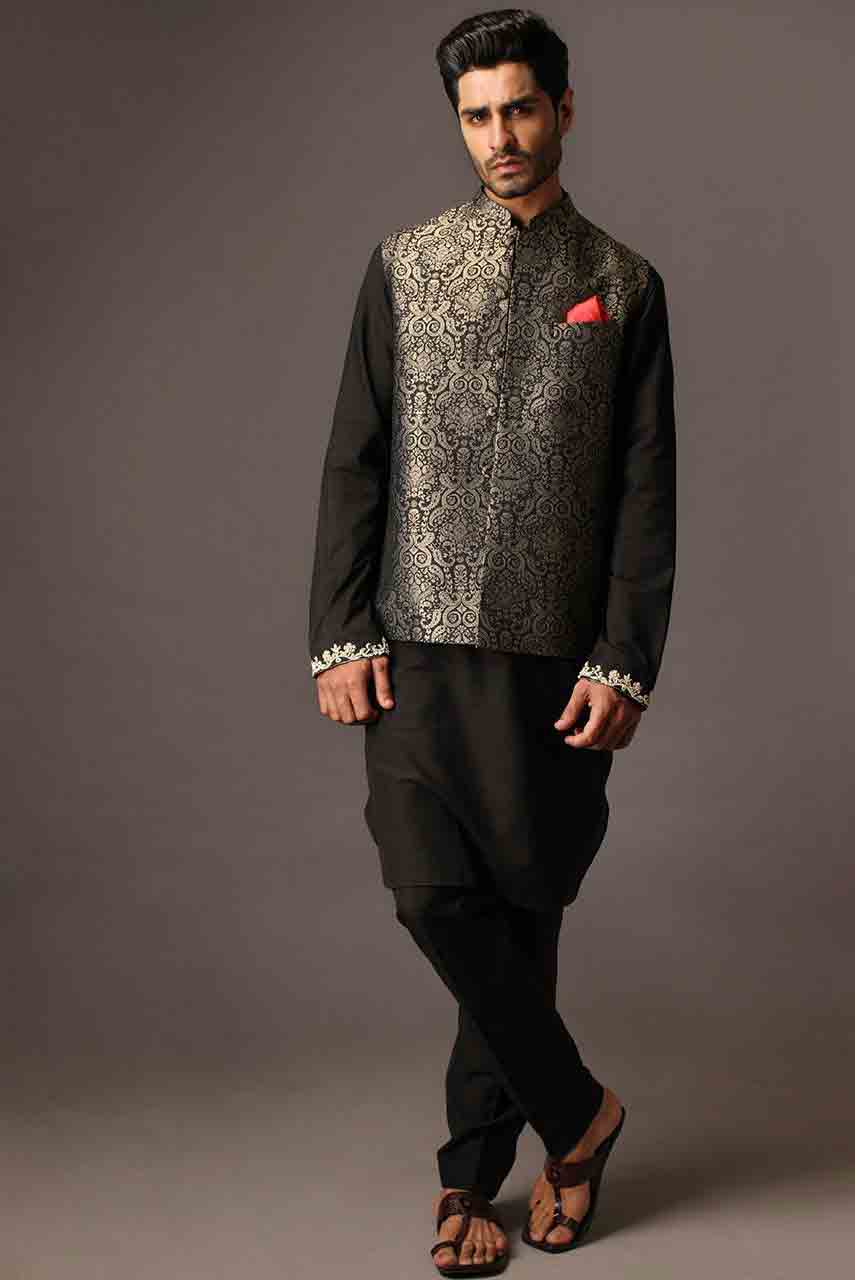 Black mehndi kurta designs with waistcoat