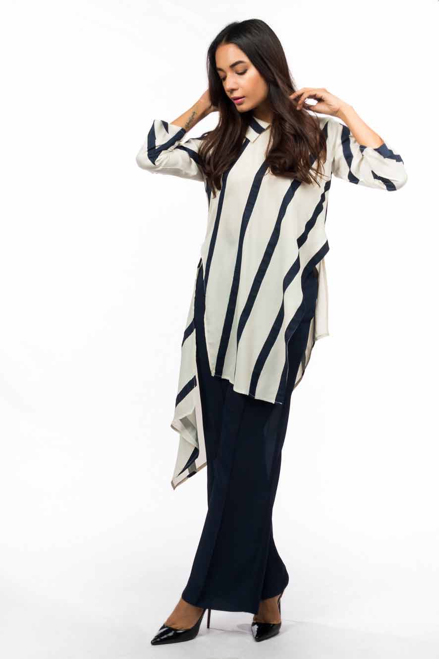 Latest white and black striped high low shirt