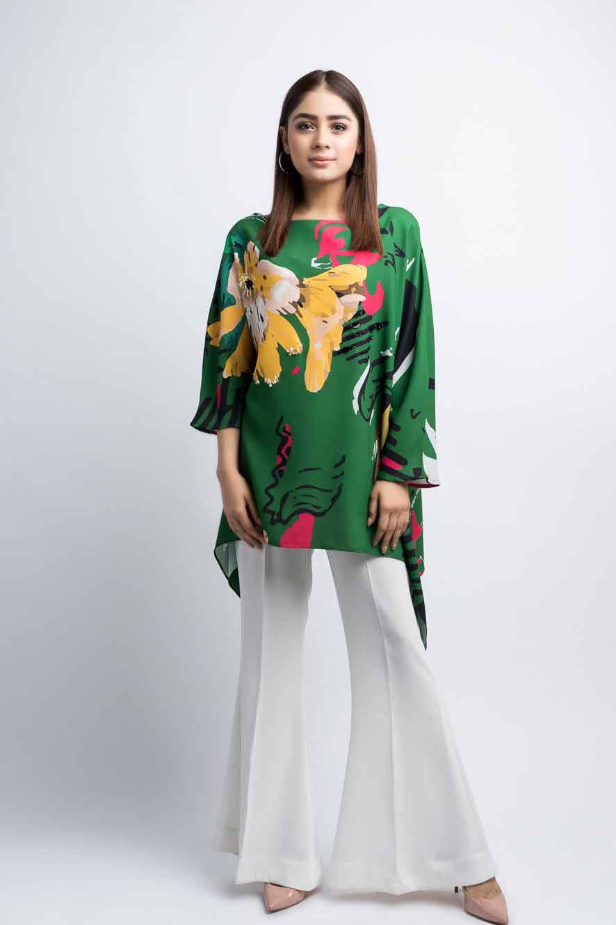 Pakistani casual green hi-lo tops and shirts