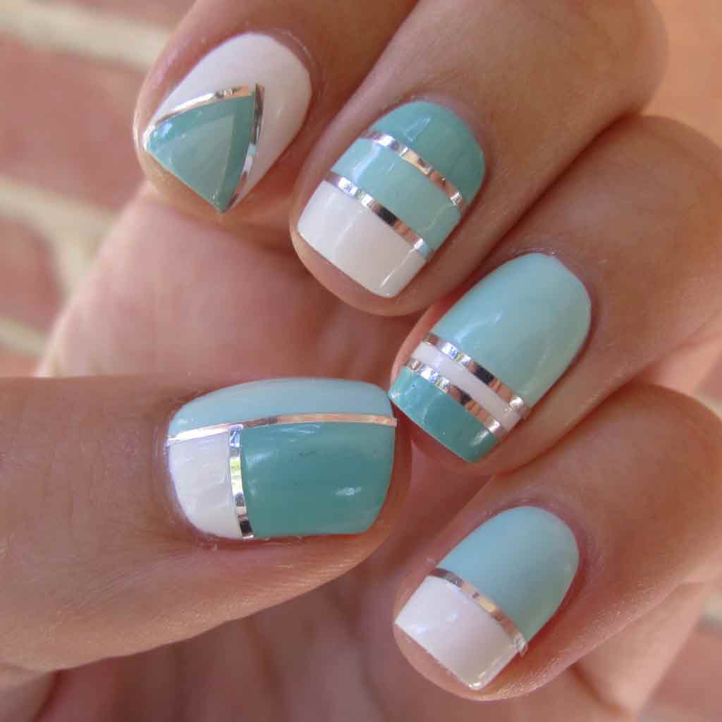 Easy sky blue and white nail art designs for Eid