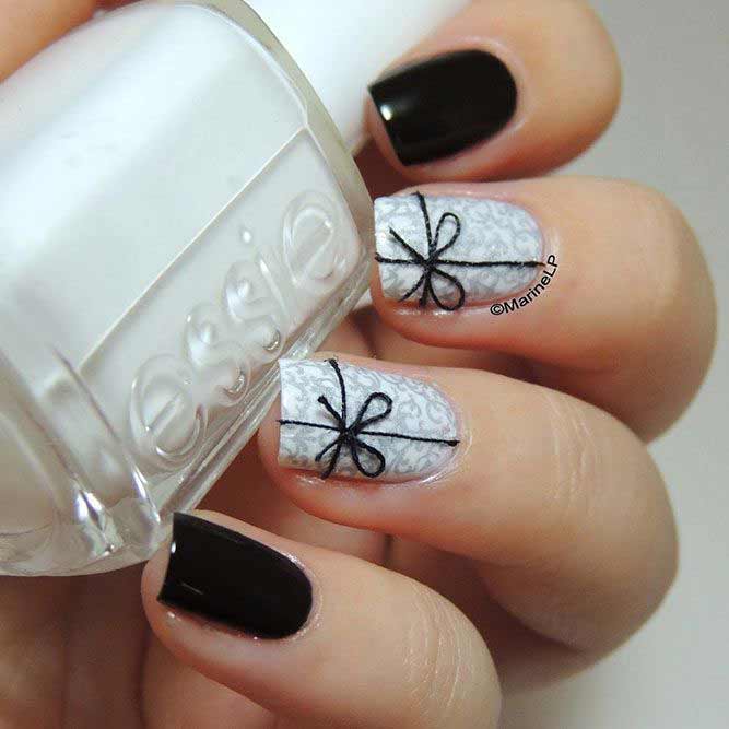 Easy black and white bow nail art designs for Eid